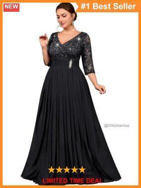Plus Size Formal V Neck A-Line Maxi Dress Sequined Lace Mother of the Bride